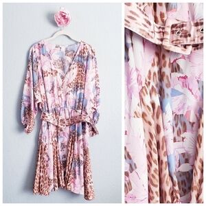 Venus Pink And Blue Floral Leopard Print Long Sleeve Belted Dress